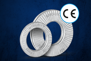 Two Nord-Lock X-series washers with wedge-locking design displayed against a blue background, featuring the CE mark for certified safe bolt connections.